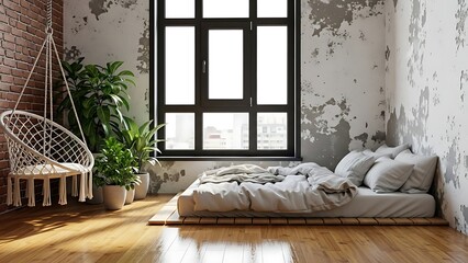 Fototapeta premium Modern Bedroom with Large Window and Hanging Chair
