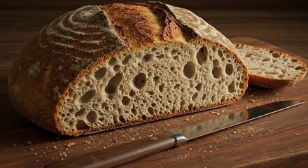 Freshly Baked Sourdough Bread on Wooden Board with Crumbs and Knife