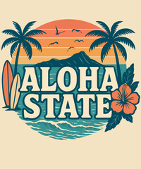 Vintage Aloha State Hawaii &ndash; Sunset Illustration with Palm Trees and Surfboards