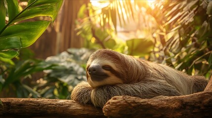 Obraz premium Gentle mammal rests comfortably upon a thick wooden branch amidst lush jungle foliage.