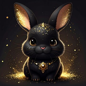 schwarzer Hase mit goldenen Effekten vor einem schwarzen Hintergrund
