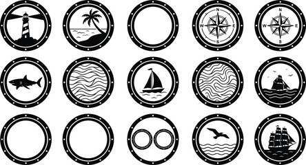 Nautical porthole silhouette icon set with lighthouse, compass, sailboat, ocean waves, ships, and marine elements, black vector collection for maritime design © Su Joy Creatives