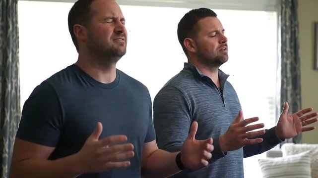 Two men with expressions of worship, singing. Their hands are open in a gesture of praise.