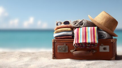 Vintage suitcase overflowing with travel essentials rests on a sunny tropical beach near the ocean