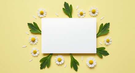 Floral Flat Lay with White Card Among Scattered Daisy Flowers on Bright Background