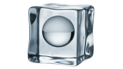 Ice cube with sphere inside on black frozen water isolated on a transparent background