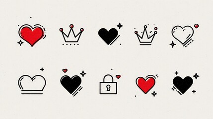Collection of various heart shapes, crowns, and a lock illustration, in both solid and outline styles with red and black color