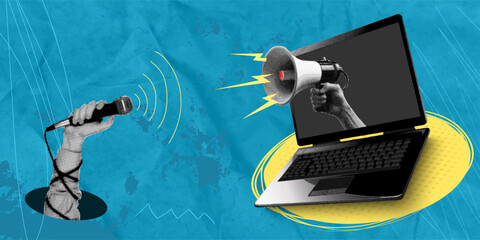 A trendy halftone collage depicts a hand holding a microphone. The interview is conducted over a laptop, from which protrudes a hand holding a megaphone. This concept is a metaphor for news and interv