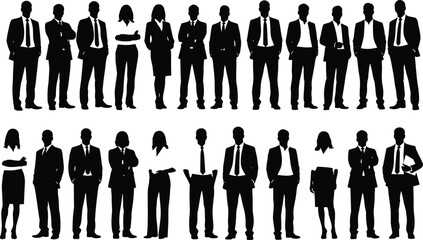 Huge Collection of Business People Silhouettes Vector Set Featuring Professional Men and Women Standing Isolated on White