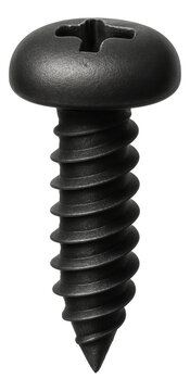 Black oxide-coated self-tapping pan head screw for metal fabrication.
