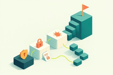 Visualizing cybersecurity milestones with a structured approach showcasing lock icons and digital obstacles symbolizing data protection strategies and risk management principles