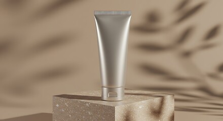 Hyper-Realistic Cosmetic Tube on Textured Stone Block with Leaf Shadows