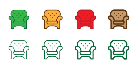 Armchair icon set in linear and solid styles. Furniture icons with editable stroke for line versions, isolated on a transparent background. Suitable for interior design, catalogs home decor projects.