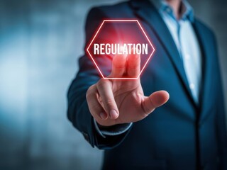 Businessman interacting with regulation icon on virtual screen in office setting with blurred background