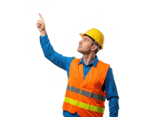 Construction worker pointing upwards wearing safety vest and hard hat