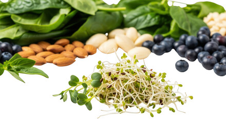 Healthy food ingredients including spinach, nuts, and berries