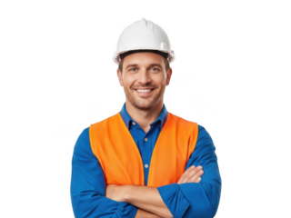 Confident construction worker wearing hard hat and safety vest