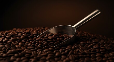 Metal Scoop Inside Roasted Coffee Beans, Dramatic Mood Lighting