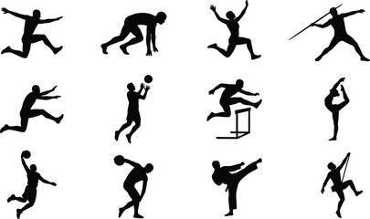 Athlete silhouette action collection featuring jumping, running, throwing, and martial arts poses, black and white vector set for sports, fitness, motion design projects
