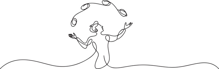 Continuous one line drawing circus artist. Circus. The juggler juggles. Circus performance. One continuous line isolated minimal illustration. one line Icon drawing © Nargis