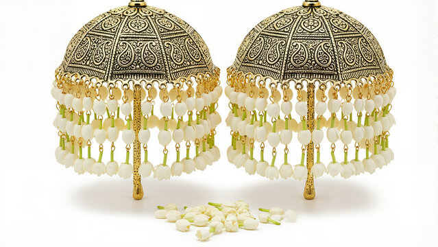 Detailed gold jhumka earrings with pearl tassels a beautiful jewelry design on transparent background