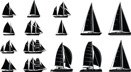 Sailboat and yacht silhouette collection featuring classic and modern sailing vessels, black and white vector set for nautical, marine, travel design projects