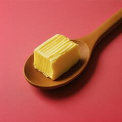 Butter cube on wooden spoon over pink background. Minimalist food image ideal for cooking, recipes, nutrition, fat concepts and homemade cuisine.