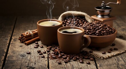 Rustic Coffee Setup with Cup, Beans, and Cinnamon Sticks on Wood