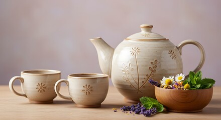 Side Perspective of Ceramic Tea Set with Herbs, Soft Focus Still Life