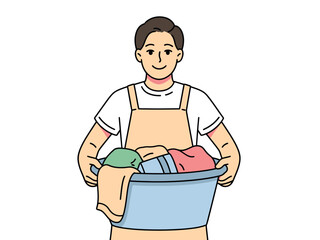 Young Man Holding Laundry Basket with Colorful Clothes and Towels