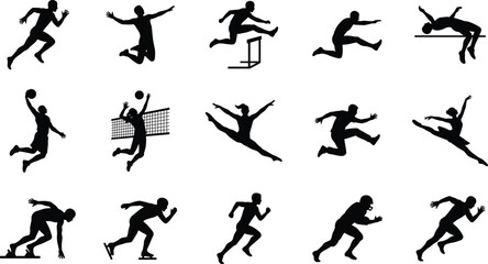 Athlete silhouette action collection with jumping, running, hurdling poses, black and white vector set for sports, fitness, motion design projects