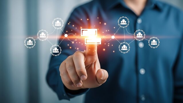 A person in a blue shirt interacting with a futuristic interface with icons and a glowing light - Powered by Adobe