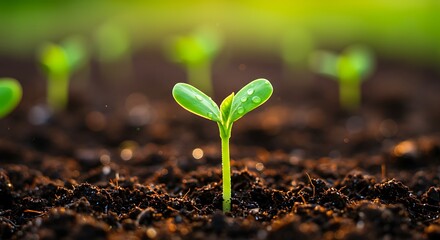 Tender Sprout in Sunlight with Dewdrops, Nature Resilience and Green Agriculture