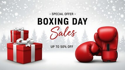 Boxing day sales promotion banner featuring red gifts and winter forest background