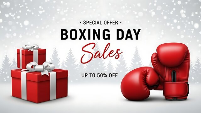 Boxing day sales promotion banner featuring red gifts and winter forest background - Powered by Adobe