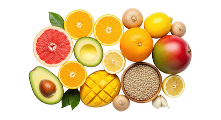 Assorted fruits and grains on white background