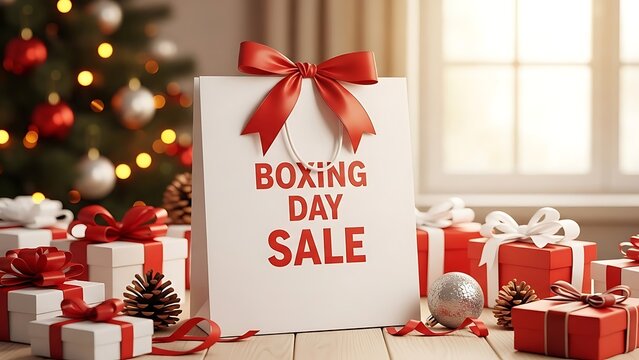 Boxing day sale shopping bag surrounded by festive red and white wrapped christmas gifts - Powered by Adobe