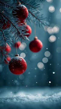 Rote Weihnachtskugeln in stiller Winternacht