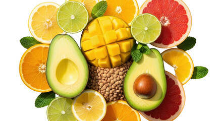Assorted fresh fruits and avocado with grains