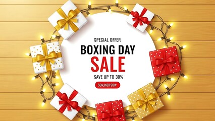 Boxing day sale announcement with festive lights and wrapped gift boxes border