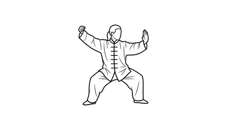 A black and white illustration of a person practicing tai chi outdoors