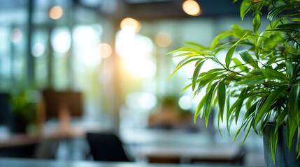 Green office serenity Plant in focus with blurred workspace background.