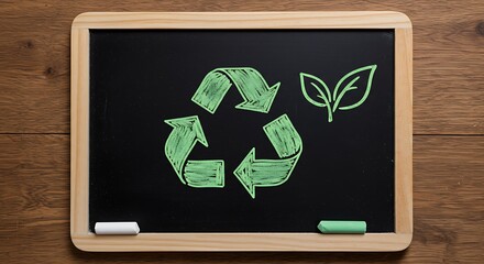 Top-Down of Recycling Arrows and Leaf on Chalkboard Over Wood, Eco-Responsibility
