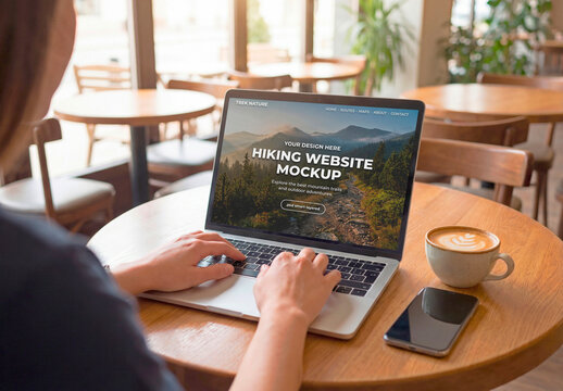 Laptop mockup on cafe table