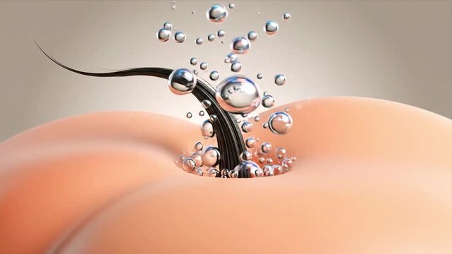 3D medical illustration of human skin pore absorbing liquid serum showing hydration splash penetration and skincare treatment concept for healthcare anatomy science and cosmetic research