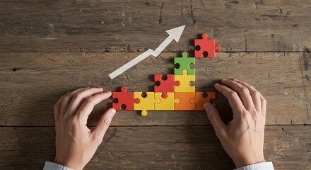 Top-Down of Hands Arranging Puzzle Pieces into Staircase on Rustic Desk, Business Growth