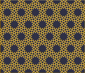 Embossed Islamic seamless geometric pattern, blue and yellow. Arabesque, moresca style. 