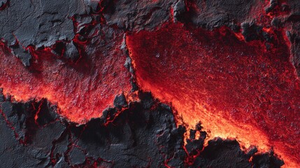 Molten Inferno River of Lava Flowing on Dark Volcanic Landscape.