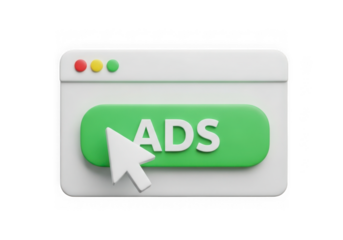 Green online advertisement button with white cursor on transparent background