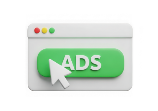 Green online advertisement button with white cursor on transparent background - Powered by Adobe